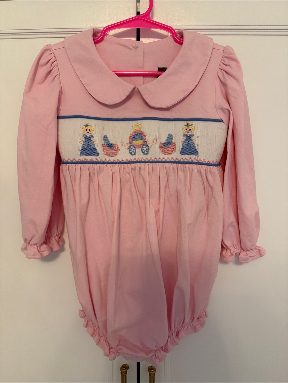 LIKE NEW Pink Smocked Baby Romper with Cinderella & Carriage Motif (3T)